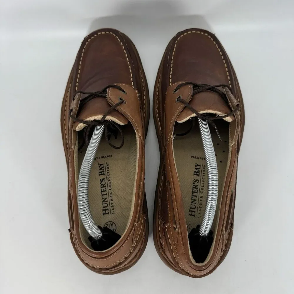 Hunter's Bay Leather Deck Shoe Men's 10.5 Brown Lace up Slip Resistant Boat Shoe